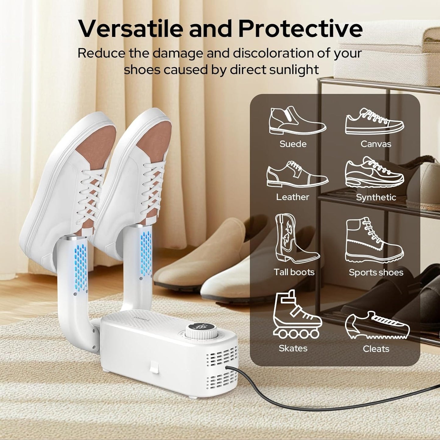 Electric shoe dryer with a timer and temperature control.