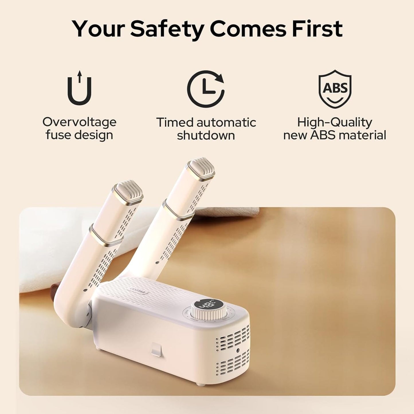 Electric shoe dryer with a timer and temperature control.